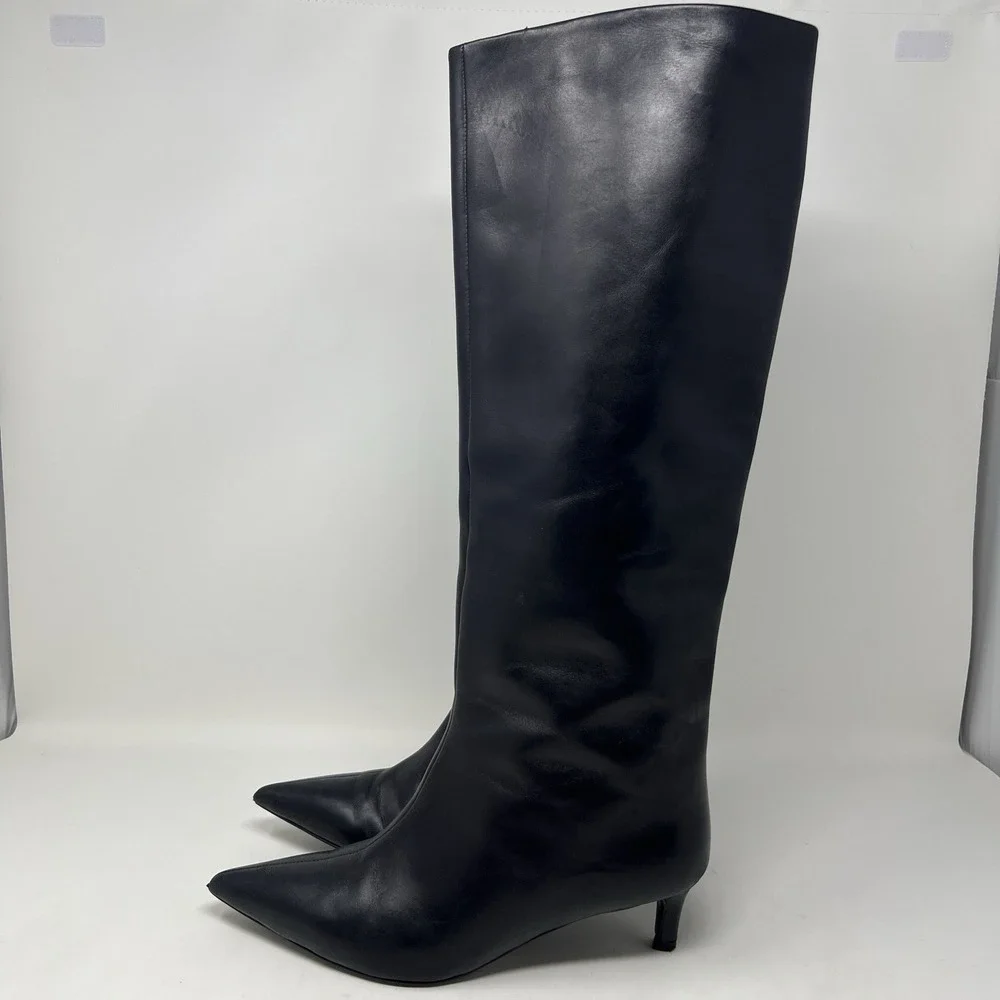 Free People Kiki Knee High Kitten Heel Boots Womens Size 7 Black Leather Pull On